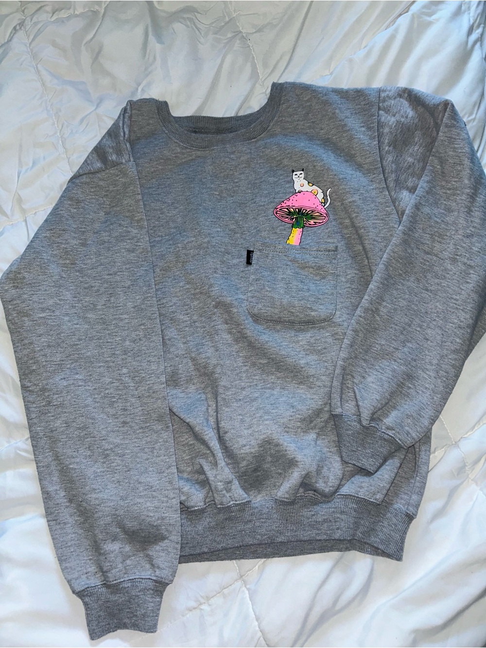 Ripndip Gray Crewneck with Pink Mushroom & White Cat Patch